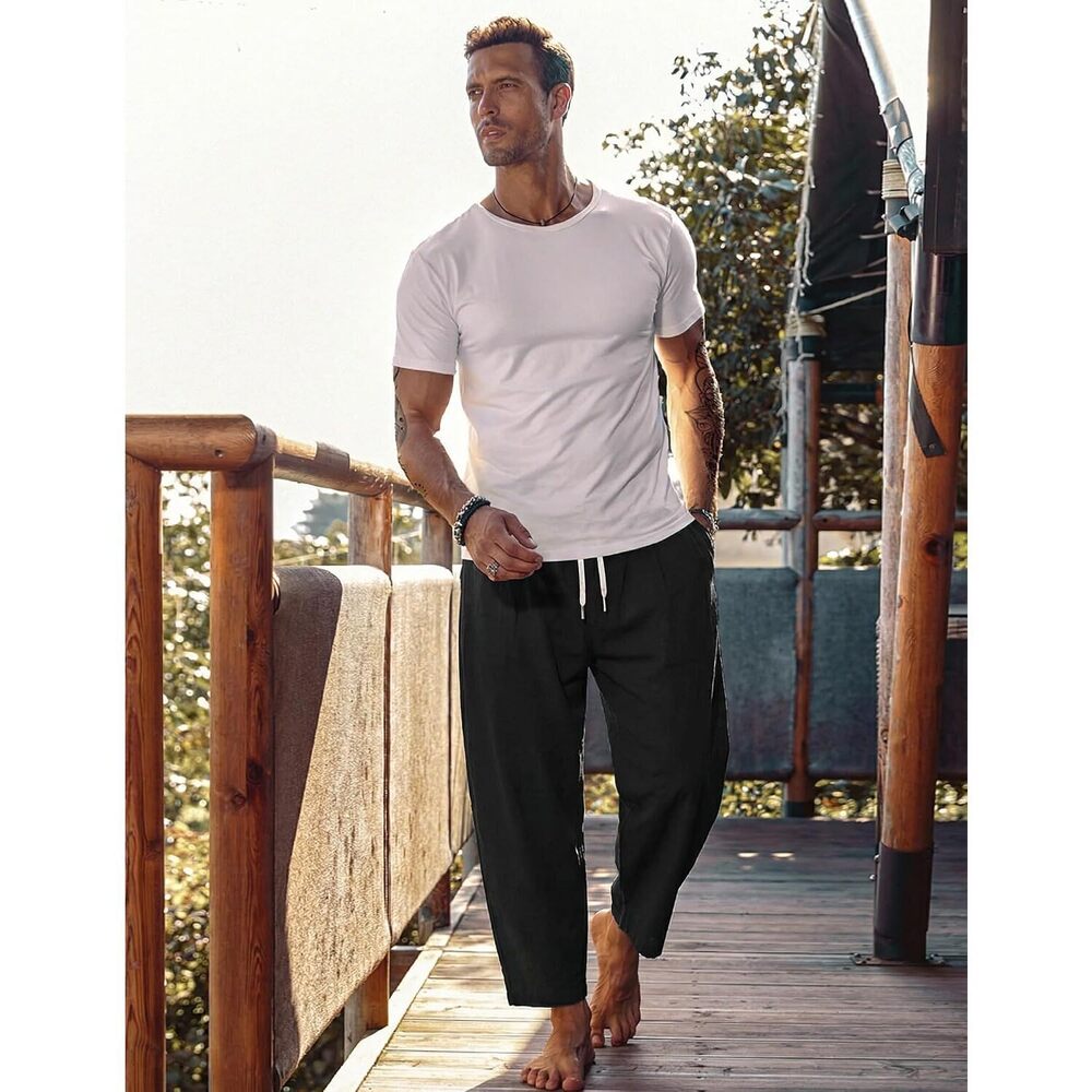 Men's Cotton Linen Harem Pants Drawstring Casual Cropped Trousers - Picture 4 of 6